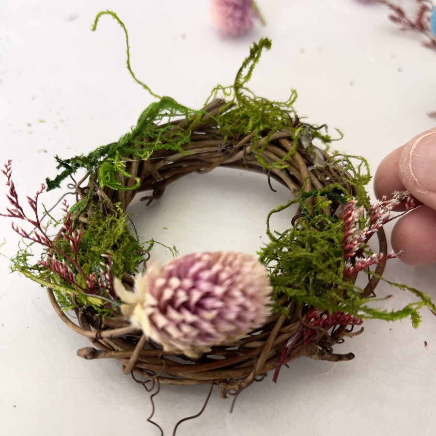 Natural Mini Wreath using 3-inch grapevine wreath, dried flowers and moss.
