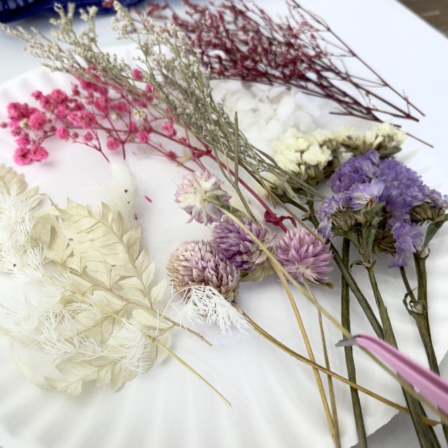 Assorted dried flowers in cream, pink and purple.