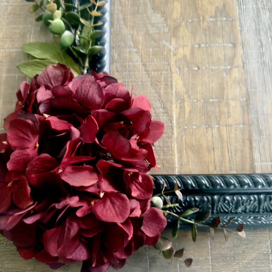 Burgundy Hydrangeas on a black frame.